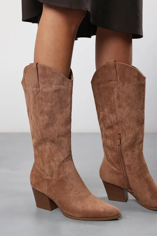 Yasmine Calf Cowboy Boots Block Heel Western Embroidered - Where's That From