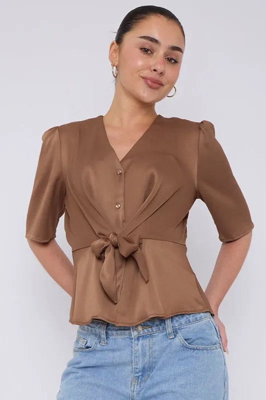 Mocha Short Sleeve Knotted Crepe Satin Top - Love Sunshine