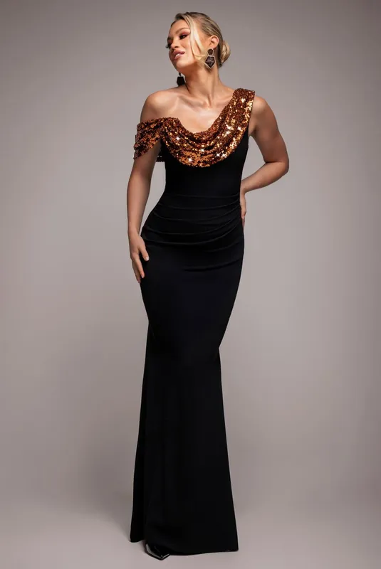 Cowl One Shoulder Contrast Sequin & Scuba Crepe Maxi Dress - Goddiva