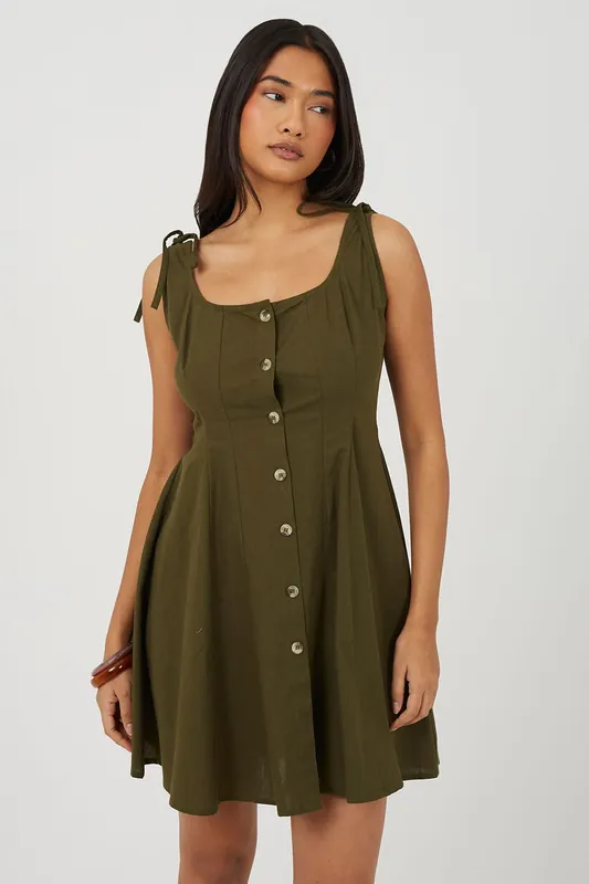 Strappy Button Front A-Line Mini Dress