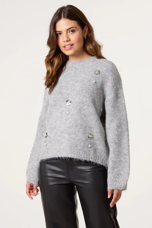 Grey Flower Embellished Jumper - Blue Vanilla