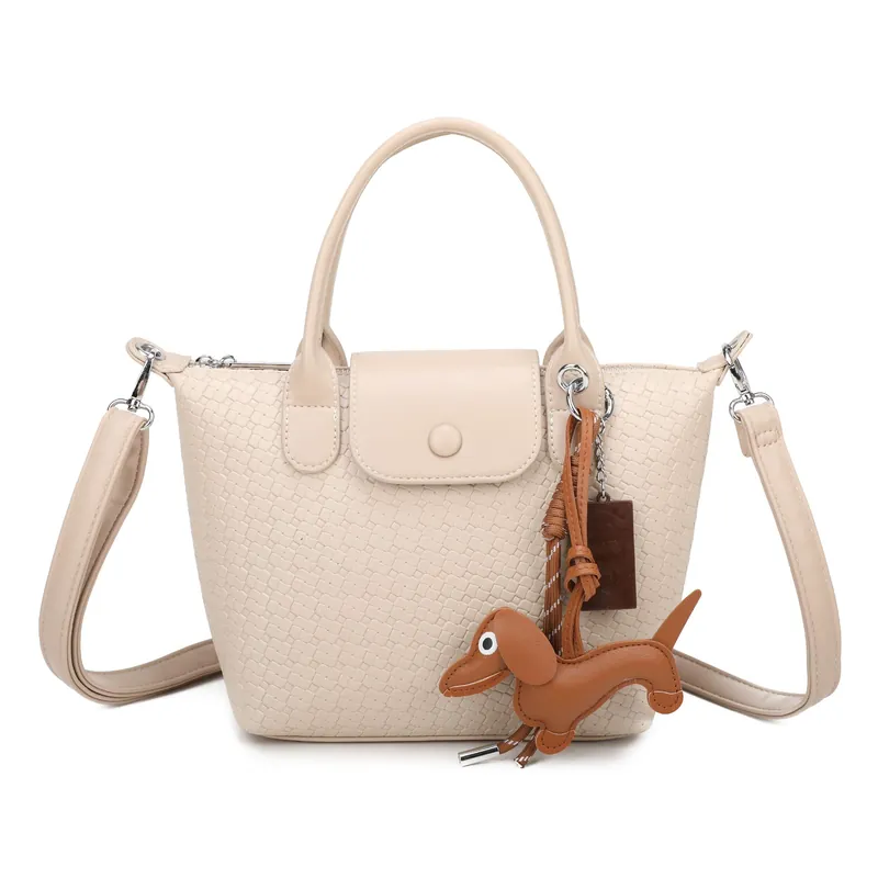 Mini Woven Texture Crossbody Bag Top Handles Cute Dog Charm - Kitise