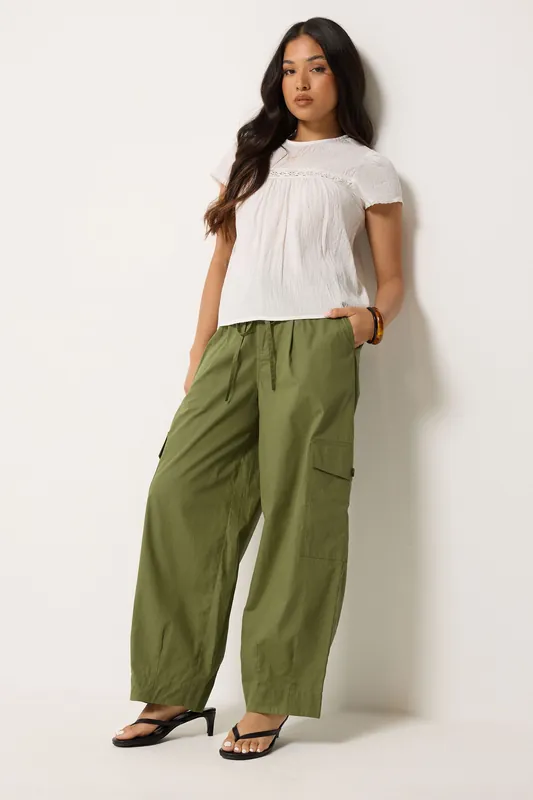 Petite Poplin Cotton Cargo Barrel Leg Trousers - PixieGirl