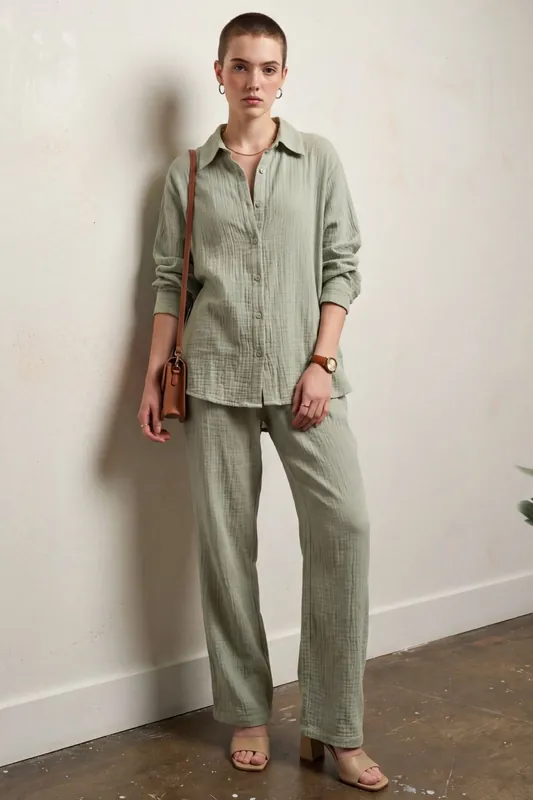 Muslin Fabric Two-Piece Set with Shirt & Pants