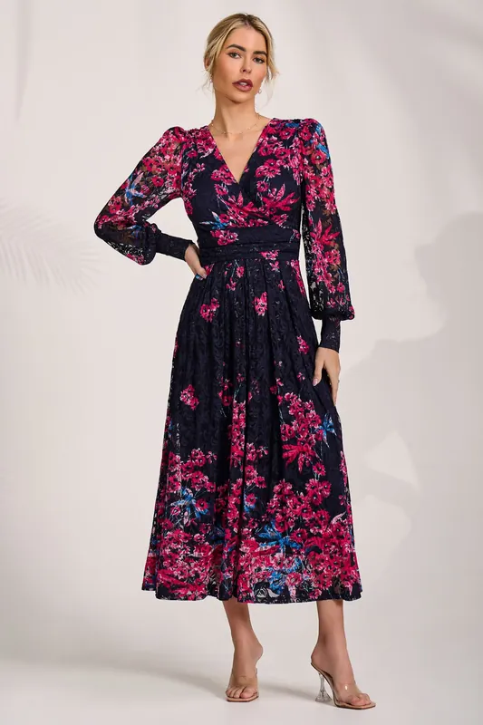 Long Sleeve Printed Lace Maxi Dress - Jolie Moi