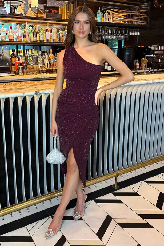 Plum Sparkle One Shoulder Wrap Skirt Midi Dress - AX Paris