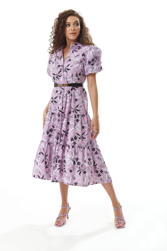 Floral Print Button Up Midi Dress in Lilac - Liquorish