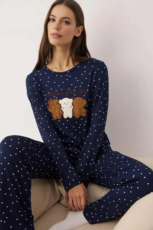 Teddy Bear Applique Polka Dot Knitted Long Sleeve Pyjama Set - WOVCOR