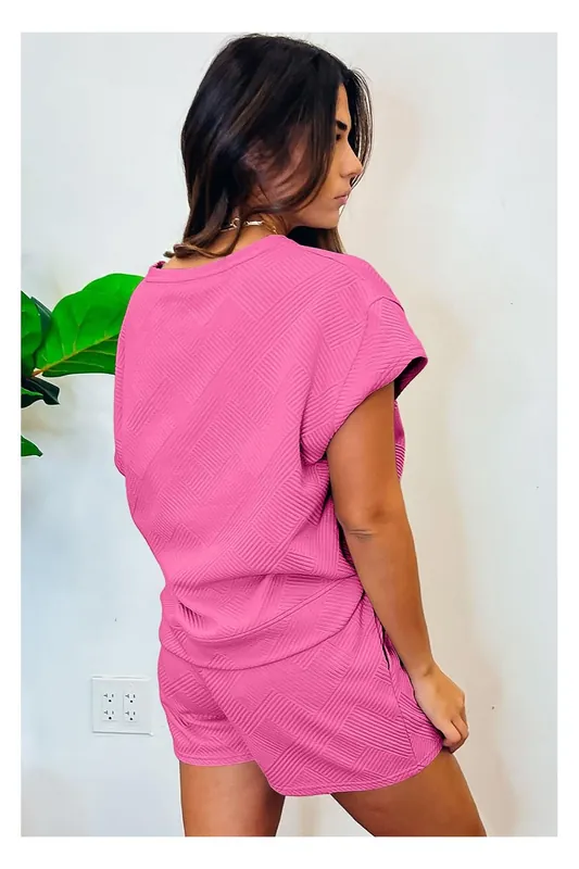 Strawberry Pink 2pcs Solid Textured Drawstring Shorts Set - Everyday The Label