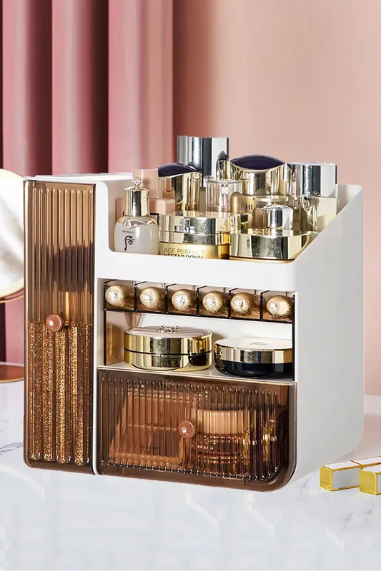 Large Makeup Storage Organizer Cosmetic Skincare Display Box with Brush Holder Drawers - Living and Home