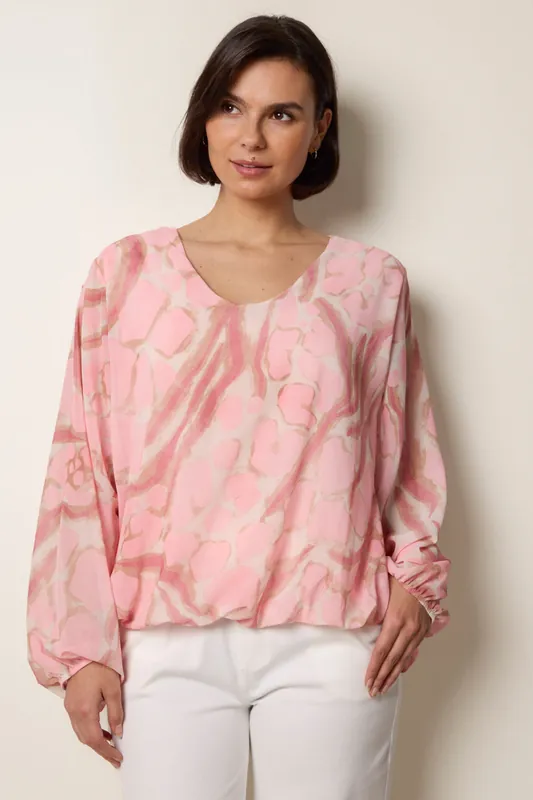 Pink Abstract Print V Neck Puffball Top - Blue Vanilla