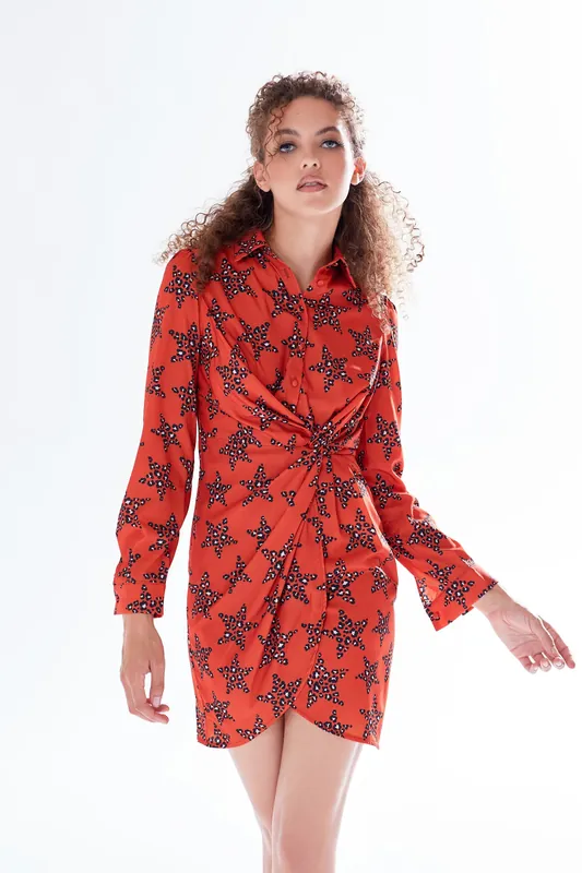 Leopard Star Print Mini Dress With Collar And Twisted Front Detail In Orange - Liquorish