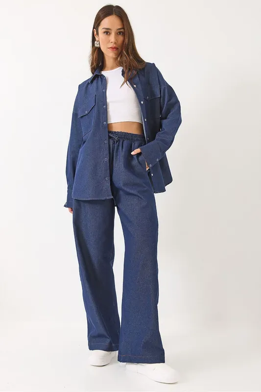 Oversized Denim Two-Piece Outfit with Shirt Collar