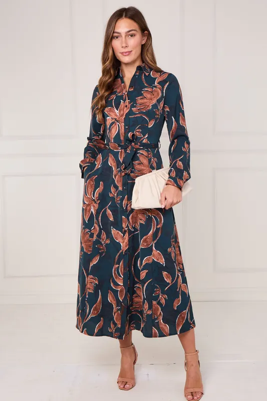 Teal and Chestnut Floral Print Maxi Shirt Dress - Love Sunshine