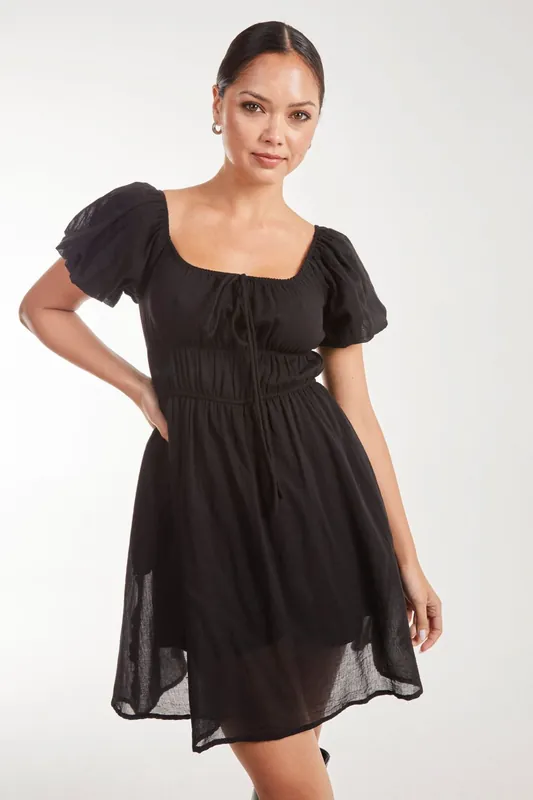 Puff Sleeve Mini Dress with Shorts - Pink Vanilla
