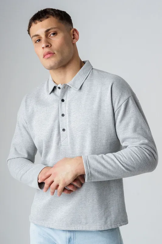 Cotton Blend Long Sleeve Button Sweat Polo Shirt - Influence