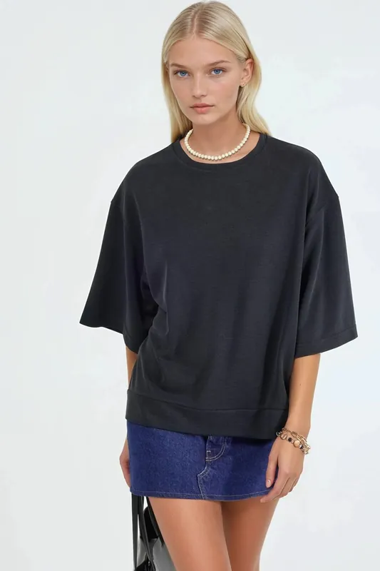 Oversized Ribbed Crop Blouse with Crew Neck - Busem