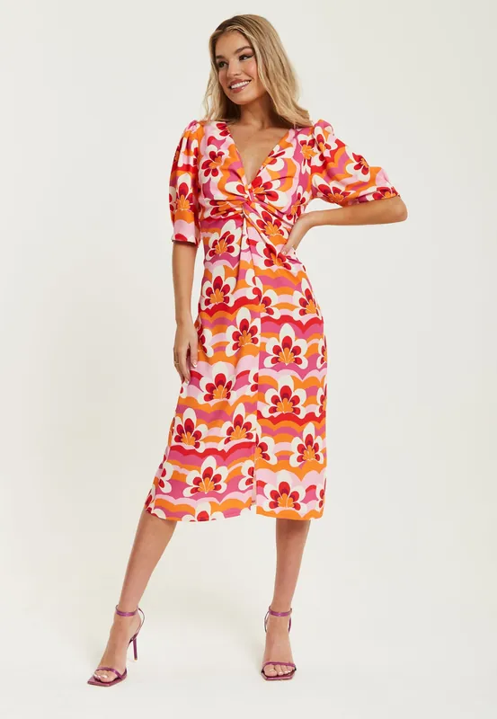 Floral Knot Front Midi Dress in Orange and Pink - Liquorish