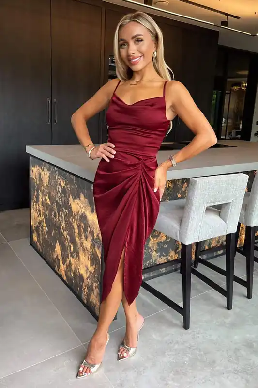 Wine Satin Strappy Cowl Neck Gathered Skirt Midi Dress - AX Paris