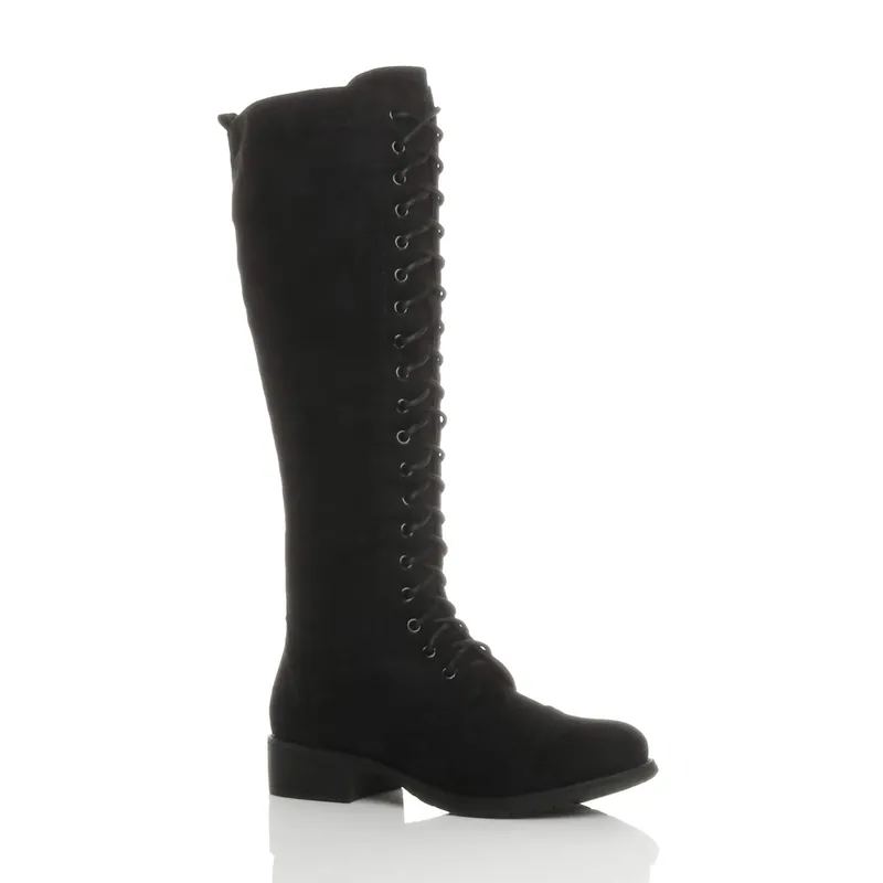 Biker Lace Up Military Calf Knee Boots - AJVANI
