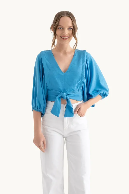 V Neck Tie Front Puff Sleeves Oversized Shirt - Hiccup