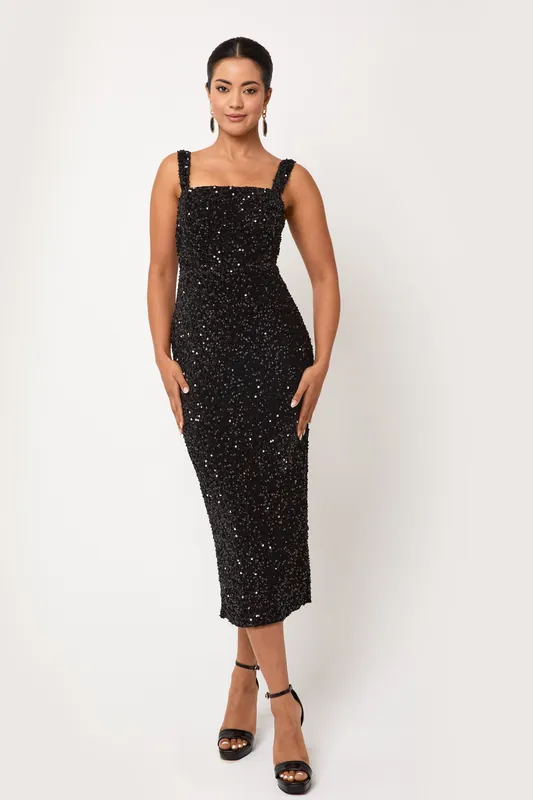 Elis - Black Sequin Midi Dress
