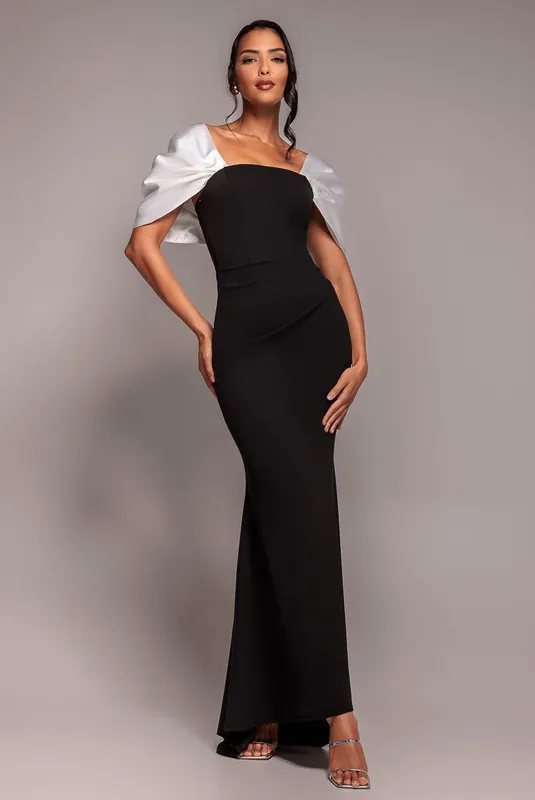 Contrast Off Shoulder Back Satin Bow Scuba Maxi Dress - Goddiva