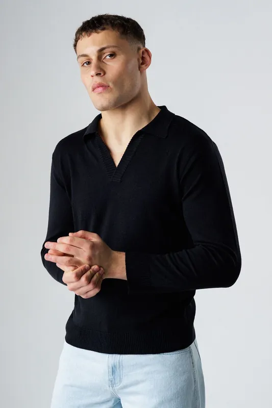Revere Collar V-Neck Polo-Style Long Sleeve Knit Jumper