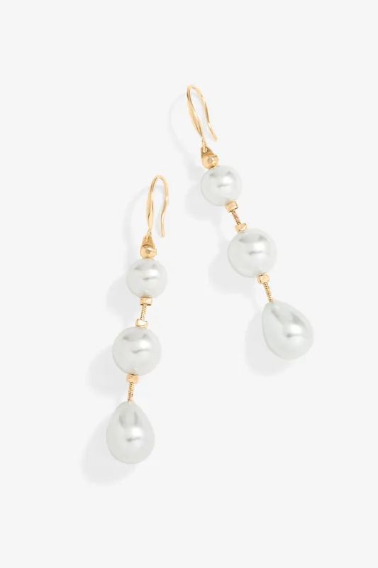 Gold Pearl Linear Three Drop Earrings - Mood