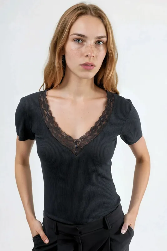 V-Neck Blouse with Lace Detail