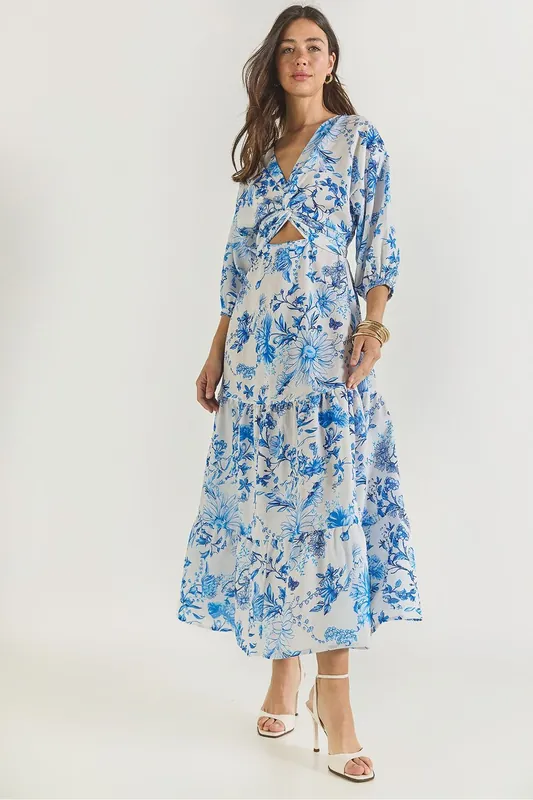 V-Neck Flowering Maxi Dress with Bow