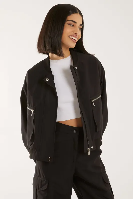 Double Pocket Classic Bomber Jacket - Pink Vanilla