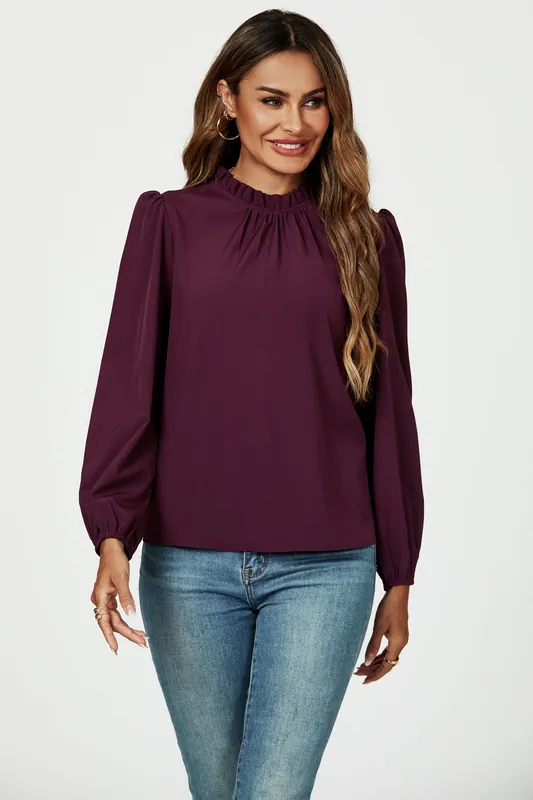 Frill Detail High Neck Top In Plum - FS Collection