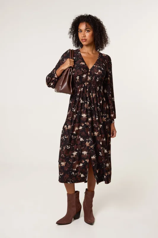 Brown Button Front Midi Dress - Blue Vanilla