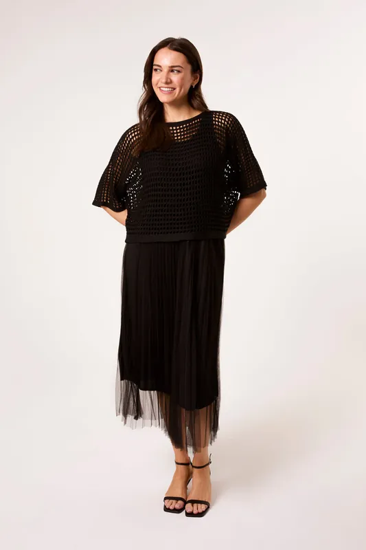 Black Crochet Top Pleat Dress - Blue Vanilla