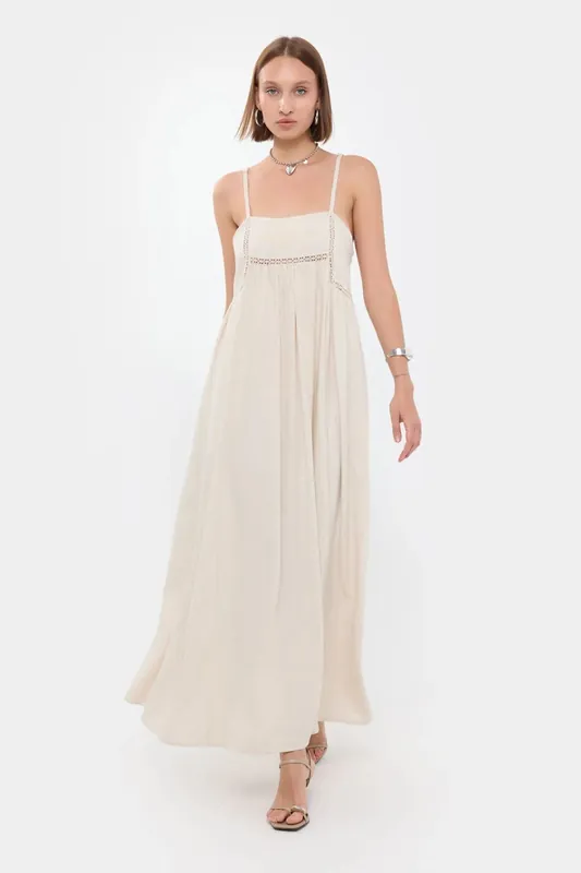 Flowers Embroidered Maxi Dress with Lace Detail - Hiccup