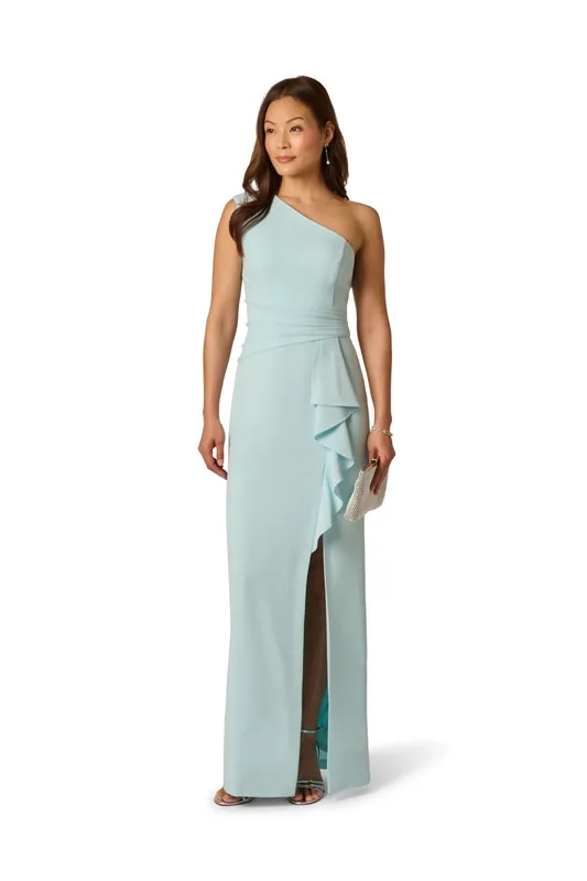 Side Ruffle Crepe Column Gown - Adrianna Papell