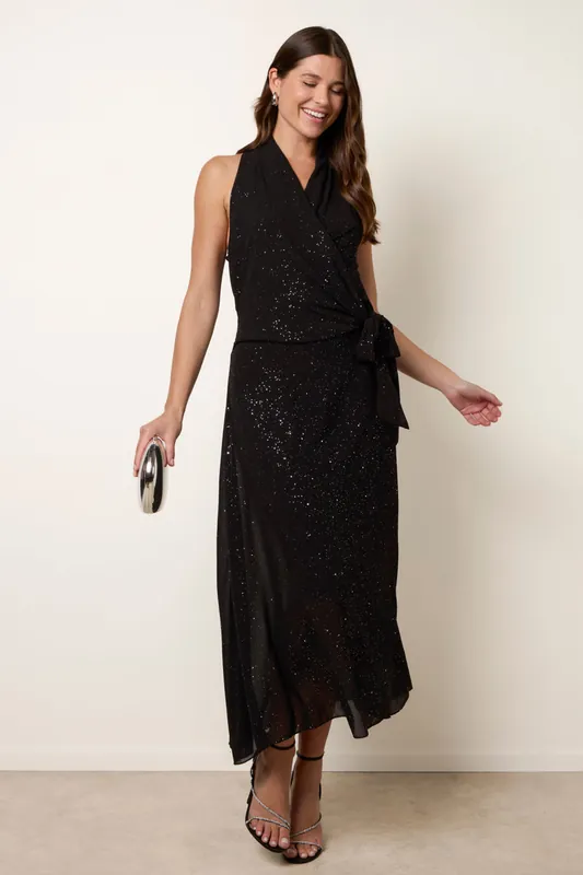 Black Wrap Knit Halter Shape Dress - Blue Vanilla