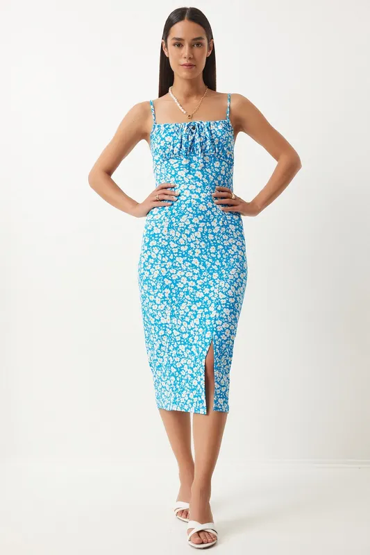 Floral Ribbed Bodycon Midi Dress with Slit - Happiness Istanbul