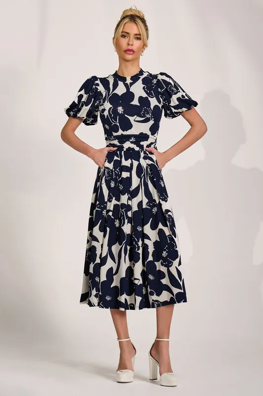 Turtle Neck Puff Sleeve Jersey Midi Dress - Jolie Moi