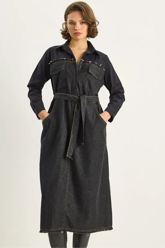 Arched Midi Denim Dress with Shirt Collar - Bianco Lucci