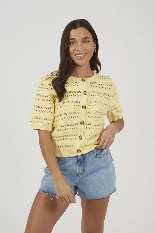 Short Sleeve Pointelle Knit Crew Neck Cardigan - Brave Soul