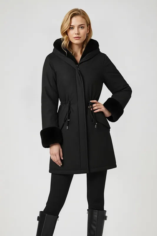 Polyester Coat with Faux Fur Hood - MODISHION