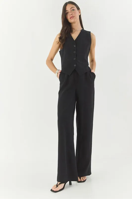 V-neck Vest and Wide Leg Pants Two-Piece Coord Set