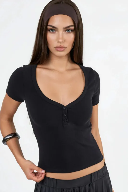 V-Neck Short Sleeve Knitted Blouse with Button Closure