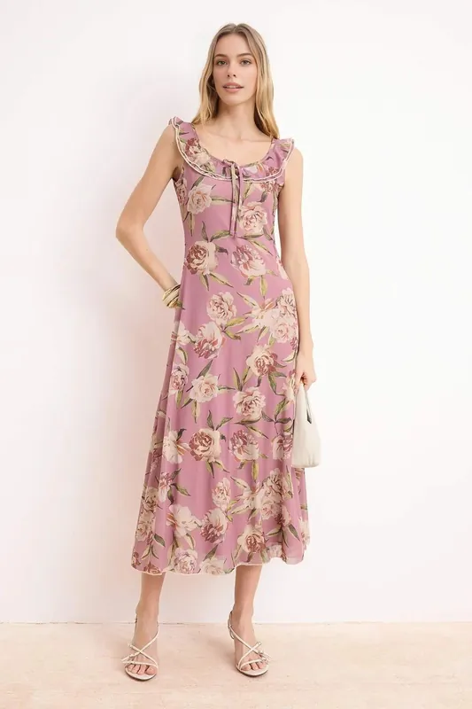 Floral Ruffle Detail Sleeveless Midi Dress with Flared Fit - WOVCOR