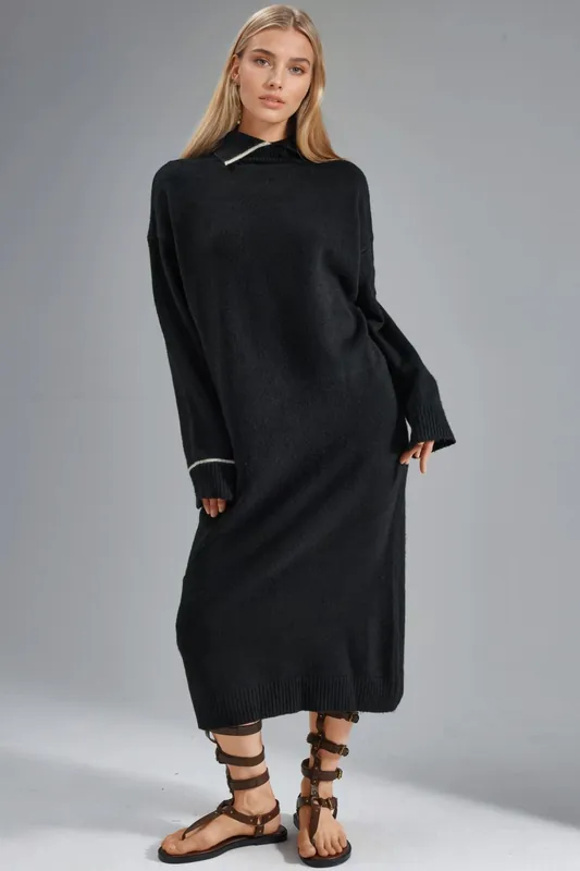 Polo Collar Ribbed Midi Knit Dress - MyFashion