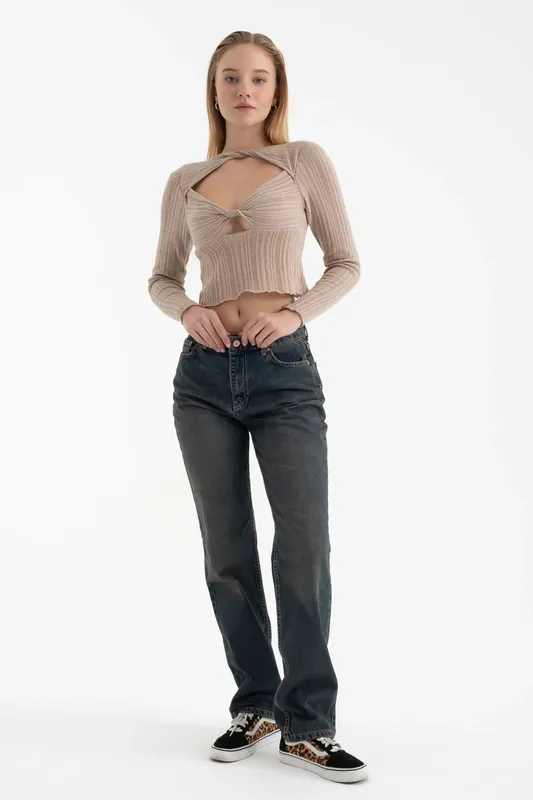 Boat Neck Ruched Bust Cut Out Long Sleeve Blouse - Hiccup