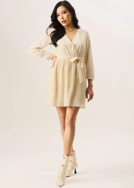 Cream Pleated Longsleeve Wrap Mini Dress - Gini London