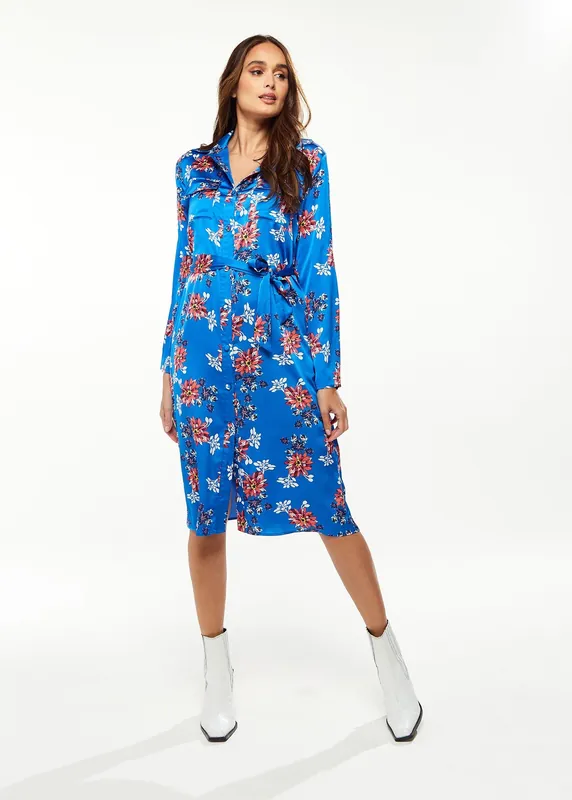 Floral Print Shirt Dress In Bright Blue - Liquorish